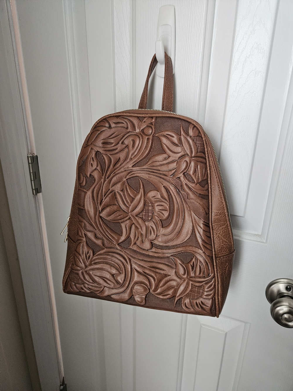 Tooled Leather Backpack Handbag in Brown